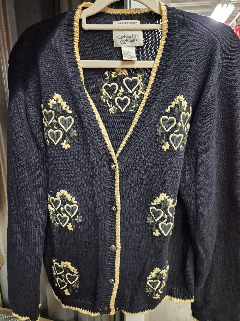 Vintage Navy Cardigan with Cream Heart Embroidery